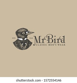 Mister Bird vintage logo with ink hand drawn bird in suit and glasses. Vector illustration.