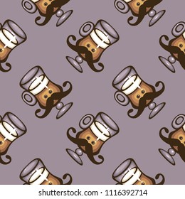 Mister Cappuccino. Seamless vector pattern with Funny coffee cups. Cute cartoon characters. Template for fabric, wrapping and menu decoration.
