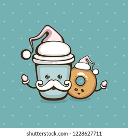 Mister Coffee and cute donut with santa hats. Funny cartoon characters vector illustration. Template for  greeting card, dessert menu and holiday decoration.