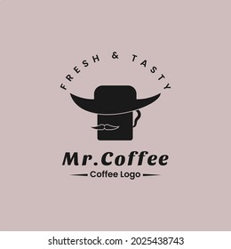 Mister coffee logo with a combination of hats, ears, glasses and mustaches. Very suitable for coffee logos, restaurants, cafe.