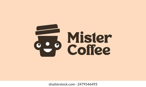 Logo de Mister coffee Vector. Diseño divertido del logotipo de la taza de café