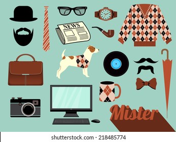 Mister - Design elements and clip art related to men, including accessories, such as glasses, wristwatch, tie and hand bag, favorite mug, sweater, mustache and camera