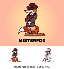 Mister fox character with cane. Logo, vector spy animal. Vector illustration.