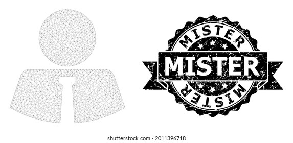 Mister grunge seal and vector mister mesh structure. Black seal has Mister caption inside ribbon and rosette. Abstract flat mesh mister, designed with flat mesh.