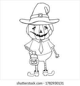 Mister Halloween character, Mister pumpkin on a white background. Black and white drawing. Funny monster.For the design of postcards and banners, postcards, invitations, clothes, stationery, sticker.