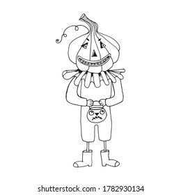 Mister Halloween character, Mister pumpkin on a white background. Black and white drawing. Funny monster.For the design of postcards and banners, postcards, invitations, clothes, stationery, sticker.