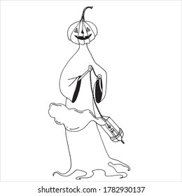 Mister Halloween character, Mister pumpkin on a white background. Black and white drawing. Funny monster.For the design of postcards and banners, postcards, invitations, clothes, stationery, sticker.