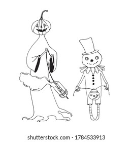 Mister Halloween character, Mister pumpkin on a white background. Black and white drawing. Funny monster.For the design of postcards and banners, postcards, invitations, clothes, stationery, sticker.