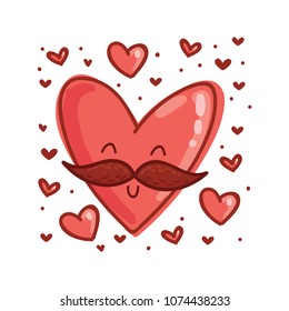 Mister Heart character with mustache and doodle hearts. Set of cute illustrations in cartoon style as logo, mascot, sticker, emoji, emoticon.