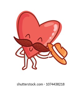 Mister Heart character with mustache and hat: greeting, cheering emotions. Set of cute illustrations in cartoon style as logo, mascot, sticker, emoji, emoticon.