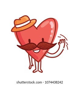 Mister Heart character with mustache and hat: smiling and greeting, cheering emotions. Set of cute illustrations in cartoon style as logo, mascot, sticker, emoji, emoticon.