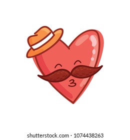 Mister Heart character with mustache and hat: sending kiss. Set of cute illustrations in cartoon style as logo, mascot, sticker, emoji, emoticon.