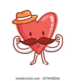 Mister Heart character with mustache and hat: smiling and cheering . Set of cute illustrations in cartoon style as logo, mascot, sticker, emoji, emoticon.