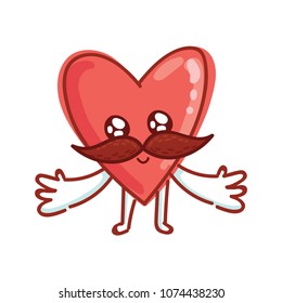 Mister Heart character with mustache and hug. Set of cute illustrations in cartoon style as logo, mascot, sticker, emoji, emoticon.