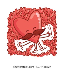 Mister Heart character with mustache lies on hearts. Set of cute illustrations in cartoon style as logo, mascot, sticker, emoji, emoticon.