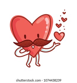 Mister Heart character with mustache: sending air kiss. Set of cute illustrations in cartoon style as logo, mascot, sticker, emoji, emoticon.