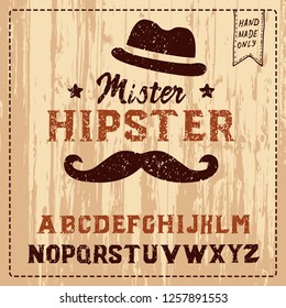 Mister Hipster. New Hipster serif font for your print on clothing or poster. Ыtylish font in hipster style that will easily decorate any of your art. Tree narural style. Eco, old, banner, day, dad.