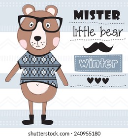 mister little teddy bear with pullover vector illustration