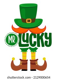 Mister Lucky - divertido diseño del Día de San Patricio para afiches, volantes, camisetas, tarjetas, invitaciones, pegatinas, pancartas, regalos. Leprechaun irlandés engaña a los afortunados encantadores de la cita graciosa. Banda de ropa para bebé