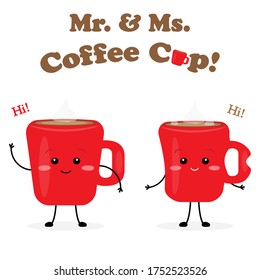 Mister and Missis Coffee Cup cute characters vector illustration
