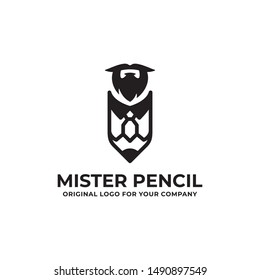 Mister pencil logo with a combination of Pencil, beards, and tie. can be used as symbols, brand identity, company logo, icons, or others. Color and text can be changed.
