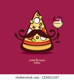 Mister pizza. Funny cartoon character. Italian traditional food vector illustration. Slice of pizza with glass of white wine. Menu and logo  design. Pizza margarita with tomatoes and mozzarella.