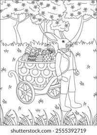 Mister rabbit carrying easter egg on carriage coloring page vector