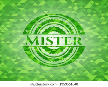 Mister realistic green emblem. Mosaic background