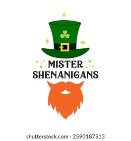 Mister Shenanigans quote. Happy St. Patrick's day set in cartoon style. Green hat and red beard on white background. Vector flat illustration.