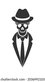 Icono gráfico del esqueleto del señor. Calavera humana con sombrero, traje y corbata, aislada en fondo blanco. Ilustración del vector