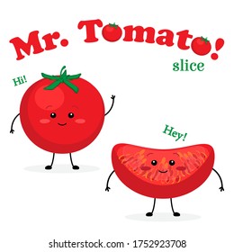 Mister Tomato and slice cute characters vector illustration