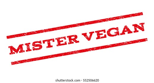 Mister Vegan watermark stamp. Text caption between parallel lines with grunge design style. Rubber seal stamp with dust texture. Vector red color ink imprint on a white background.