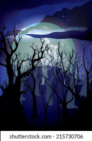 misterious forest vector illustration full moon