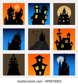 Misterious house in the dark night. Halloween holiday. Flat icons. Vector illustration