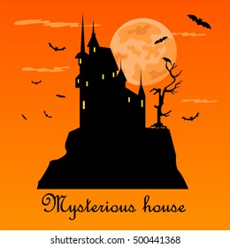 Misterious house in the dark night. Halloween holiday. Flat icons. Vector illustration