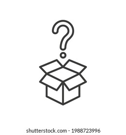 Mistery box line icon. Simple outline style. Carton, open, magic, mark, pictogram, question, mark, secret concept. Vector illustration isolated on white background. Thin stroke EPS10.