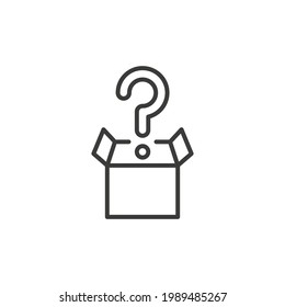 Mistery box line icon. Simple outline style. Carton, open, magic, mark, pictogram, question, mark, secret concept. Vector illustration isolated on white background. Thin stroke EPS10.