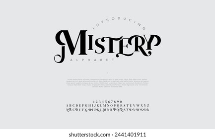 Mistery premium luxury elegant alphabet letters and numbers. Vintage wedding typography classic serif font decorative vintage retro. Creative vector illustration