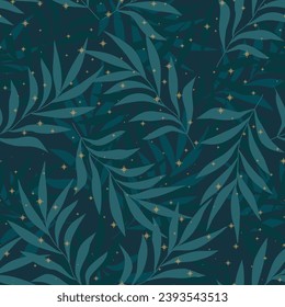 Mistic seamless pattern with dark green leaves and gold stars. Christmas miracle wrapping background. Textile fabric print.