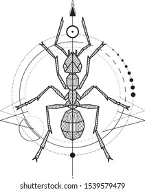 Mistical Ant Geometric Drawing Tattoo. Blackwork.