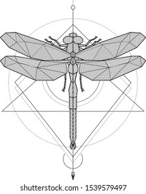 Mistical Dragonfly Geometric Drawing Tattoo. Blackwork.