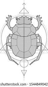 Mistical Dung-beetle Geometric Drawing Tattoo. Blackwork.