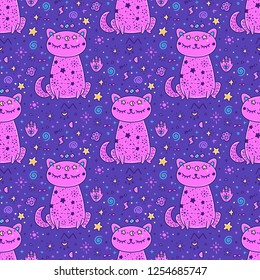 Mistical starry seamless pattern with cat and mistical element. It can be used for packaging, wrapping paper, textile, notebook, mug, invitation card, etc.