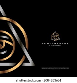 mistical vector logo with talisman concept represent with eye and combine with triangle and circle as the centre of the logo, with silver and gold as a metal color, this logo suit for architectural