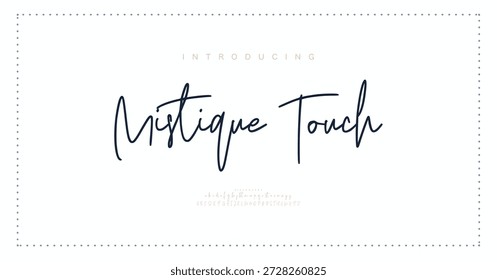 Mistique Touch, Abstraktes Skript Fashion Schriftart Alphabet. Minimal moderne urbane Schriften für Logo, Marke usw. Typografie Schrift Großbuchstaben Kleinbuchstaben und Zahl. Vektorgrafik