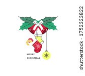 Mistletoe with bells, Christmas sock, and Christmas candy. Winter holiday symbol, new year card, design element for greetings or invitations.