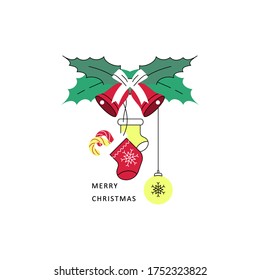 Mistletoe with bells, Christmas sock, and Christmas candy. Winter holiday symbol, new year card, design element for greetings or invitations.