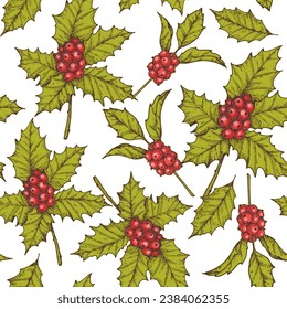Mistletoe with berries. Hand drawn seamless pattern. Christmas background. Greeting card design.