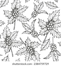 Mistletoe with berries. Hand drawn seamless pattern. Christmas background. Greeting card design.
