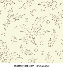 Mistletoe berries and leaves seamless pattern. Brown outline on beige background. Christmas theme vector illustration.